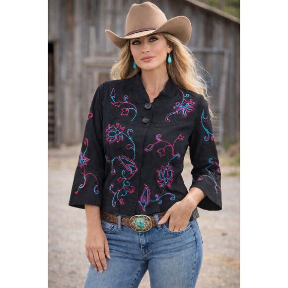 Choices Jackets & Blazers - Choices Jacket Large Black Pink Floral Embroidered Rodeo Boho Cowgirl Western